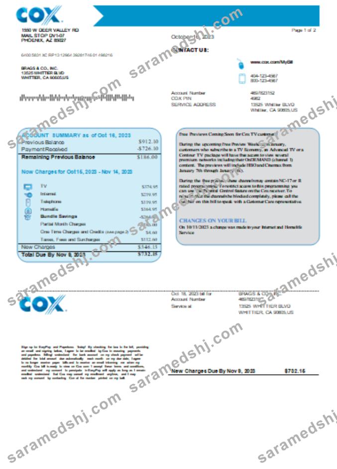 COX utility business bill, page1, SCR